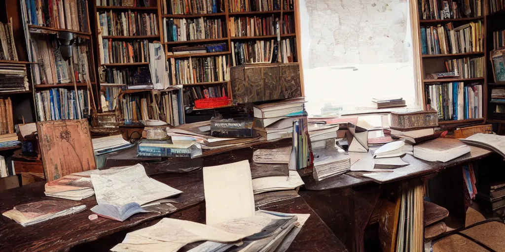 Image similar to a desk with maps and old books sitting in an old study that is dusty with cobwebs all over the surrounding bookshelves