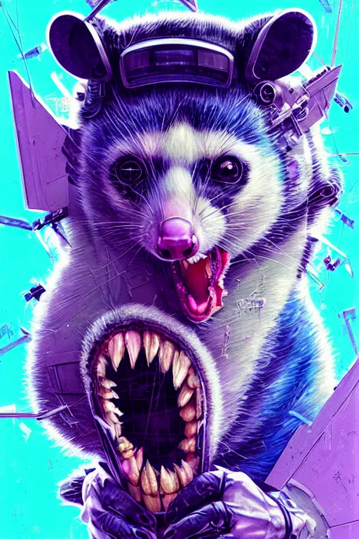 Image similar to a beautiful portrait of a cute cyberpunk opossum screaming by sandra chevrier and greg rutkowski and wlop, purple blue color scheme, high key lighting, volumetric light, digital art, highly detailed, fine detail, intricate, ornate, complex, octane render, unreal engine, photorealistic