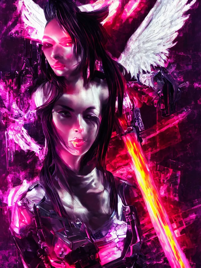 Image similar to portrait of angel with a fire sword, cyberpunk, glitchcore, synthwave art, detailed, masterpiece, trending on artstation, featured on pixiv, hd, 4 k, 8 k