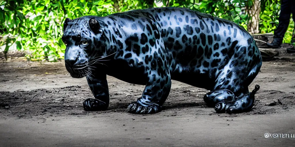 Image similar to the smooth black jaguar, made of smooth black goo, bating in tar in the zoo exhibit, viscous, sticky, full of tar, covered with black goo. photography, dslr, reflections, black goo, zoo, exhibit