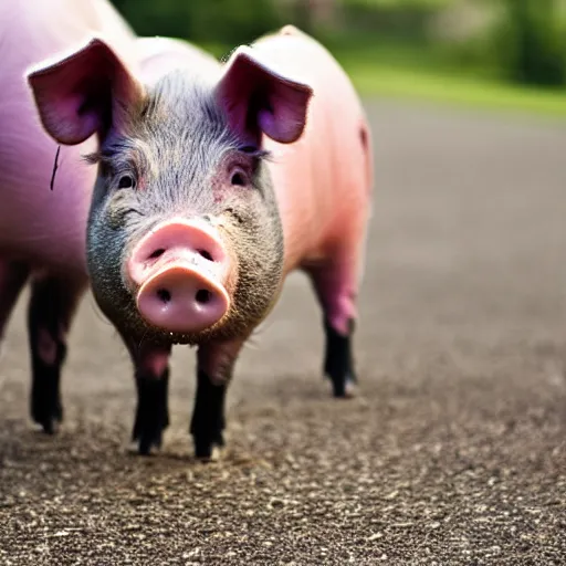 Image similar to photo of a pig standing upright wearing a pair of shoes