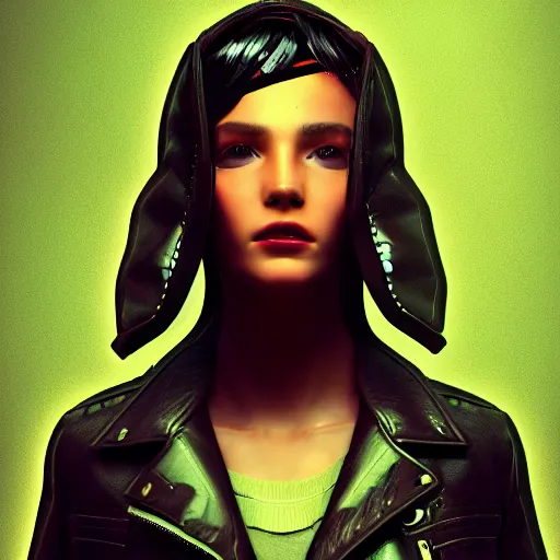 Image similar to stylish woman cartoon portrait made out of rain, leather jacket, cyberpunk background, rendered in octane, unreal engine, highly detailed, trending on artstation, realistic, neon, beautiful