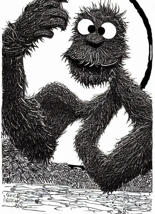 Image similar to an illustration of Cookie Monster, full body, pen-and-ink illustration, etching, by Russ Nicholson, DAvid A Trampier, larry elmore, 1981, HQ scan, intricate details
