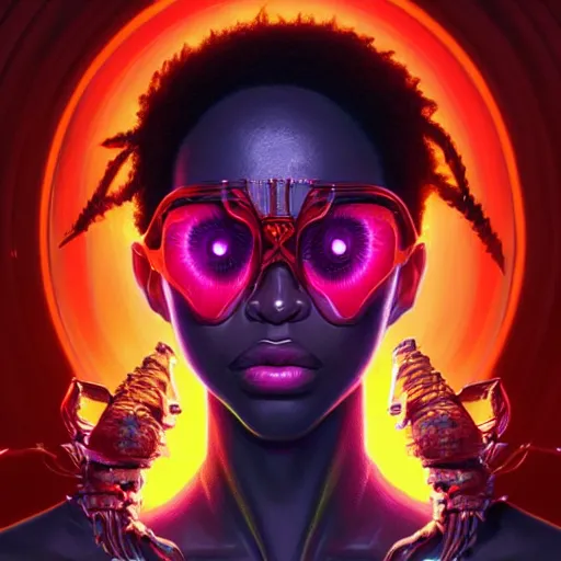 Image similar to african neon necromancer, science fiction, highly detailed, digital painting, beautiful eyes, symmetry, concept art, sharp focus, illustration, global illumination, radiant light, synthwave colors, detailed and intricate environment, art by artgerm and greg rutkowski and magali villeneuve and ilya kuvshinov!