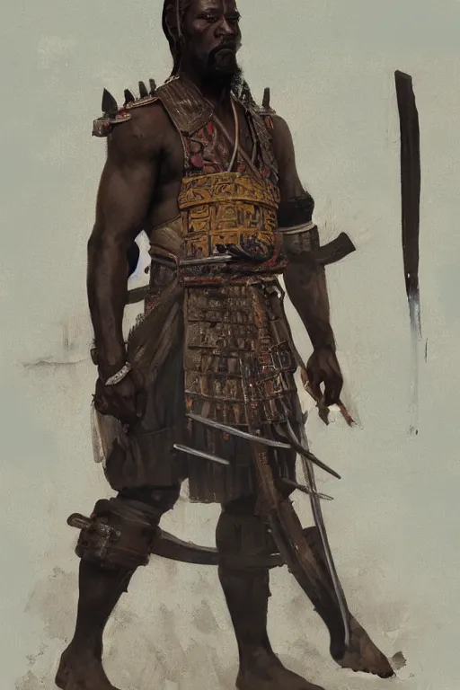 Image similar to a full body fantasty portrat, oil painting, illustration of an old African samurai, by Justin Sweet and Greg Rutkowski and Alphones Much