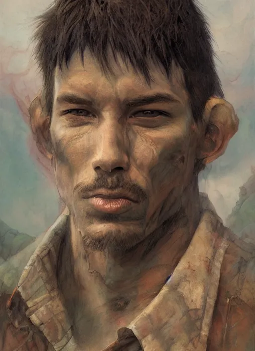 Prompt: a portrait of a male character, empty nasal bone, in a scenic environment by Ross Tran and by Jesper Ejsing and by Mikalojus Konstantinas Ciurlionis