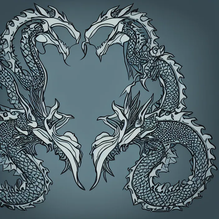 Image similar to epic symmetrical two headed dragon profile with flat design style, monochromatic