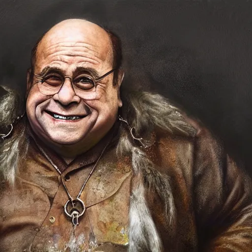 Prompt: hyperrealistic mixed media high resolution painting of !!Danny DeVito!! (dwarf) Lord of the Rings, stunning 3d render inspired art by Jamie Salmon and István Sándorfi and Unreal Engine and Greg Rutkowski, perfect facial symmetry, dim volumetric lighting, 8k octane beautifully detailed render, full body shot, post-processing, extremely hyper-detailed, intricate, epic composition, highly detailed attributes, highly detailed atmosphere, cinematic lighting, masterpiece, trending on artstation, very very detailed, masterpiece, stunning, flawless completion, lifelike texture, perfection,