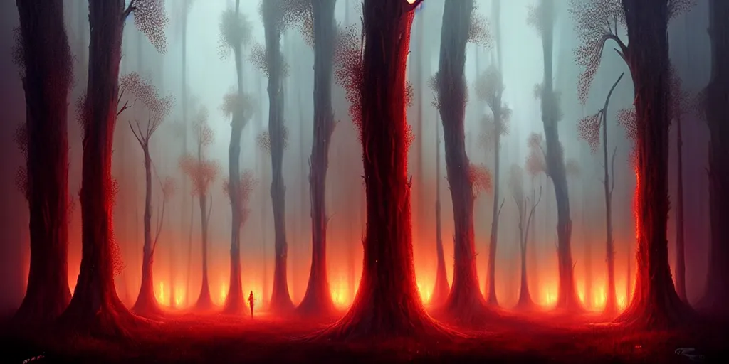 Image similar to strange alien forest, glowing fungus, misty, red glowing horizon, fireflies, ultra high definition, ultra detailed, symmetry, sci - fi, dark fantasy, by greg rutkowski and ross tran