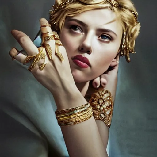 Image similar to scarlett johansson dressed as a greek goddess in front of a ring of sapphire rose ring, ornate gold border, vignette, warm tri - color, subtle chromatic aberration, painted by francis goya