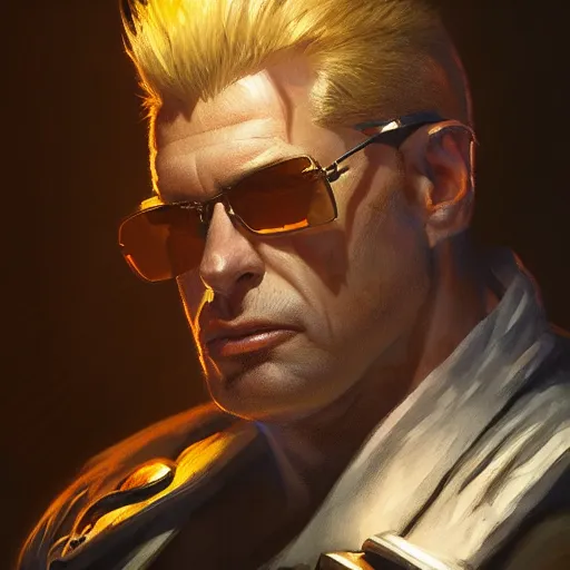 Prompt: portrait of duke nukem, backlit, painted by stanley lau, painted by greg rutkowski, painted by stanley artgerm, masterpiece, digital art, trending on artstation