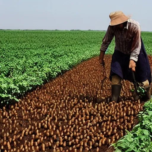 Prompt: farmer mistreating potatoes, disturbing