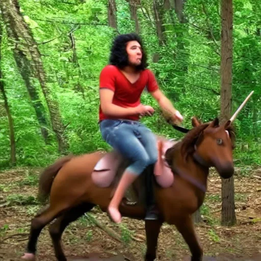 Image similar to security footage of a teenager with black curly hair on the woods riding a unicorn