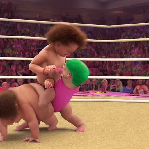 Image similar to babies pro wrestling in the wwe, 4 k, photorealistic