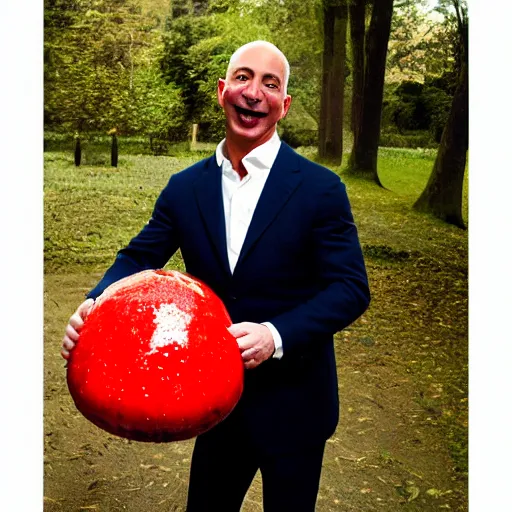 Prompt: portrait photo of jeff bezos finding a giant red mushroom, exhilarated, portrait, closeup. mouth open, 30mm, bokeh