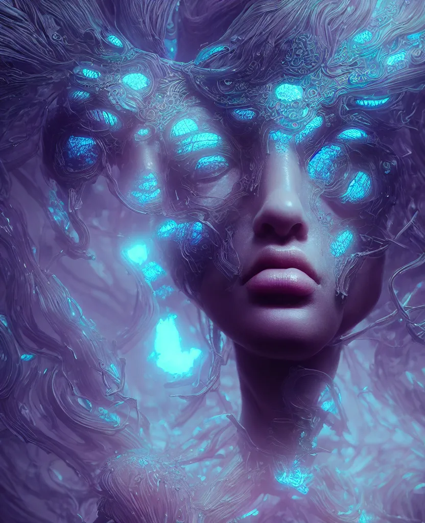 Prompt: goddess close-up portrait, giant spider queen, bioluminiscent, intricate artwork by Tooth Wu and wlop and beeple. octane render, trending on artstation, greg rutkowski very coherent symmetrical artwork. cinematic, hyper realism, high detail, octane render, 8k