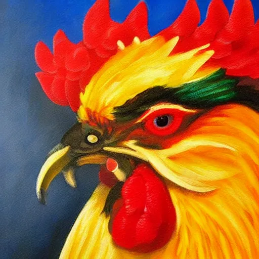 Image similar to oil painting of happy rooster ultra realism