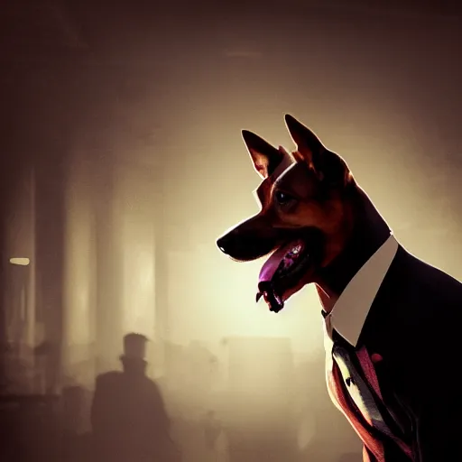 Image similar to a dog wearing a business suit smoking a cigar, dramatic lighting, cinematic, establishing shot, extremly high detail, photorealistic, cinematic lighting, concept art, artstation, style by greg rutkowsky