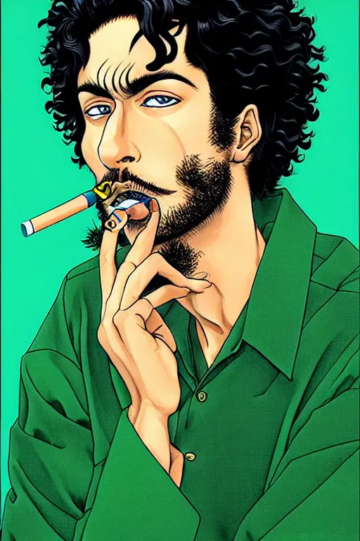 Prompt: handsome!! hyper realistic man with curly black hair, tan skin, green eyes, anchor goatee, smoking a cigarette | art by hirohiko araki & jean giraud