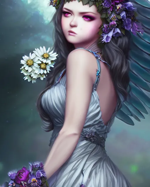 Prompt: dark angel in beatiful dress surrounded by dark flowers and diamonds, very detailed, realistic face, detailed face, matte, tonemapping, bbwchan, perfection, 4 k, cushart krenz