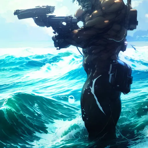 Image similar to man in the ocean looking for wifi by Akihito Yoshitomi AND Yoji Shinkawa AND Greg Rutkowski, Mark Arian trending on artstation