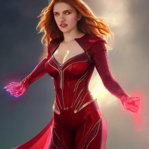 Image similar to full figure ultra realistic illustration, bella thorne as scarlet witch, intricate, elegant, highly detailed, digital painting, artstation, concept art, smooth, sharp focus, illustration, art by artgerm and greg rutkowski and alphonse mucha