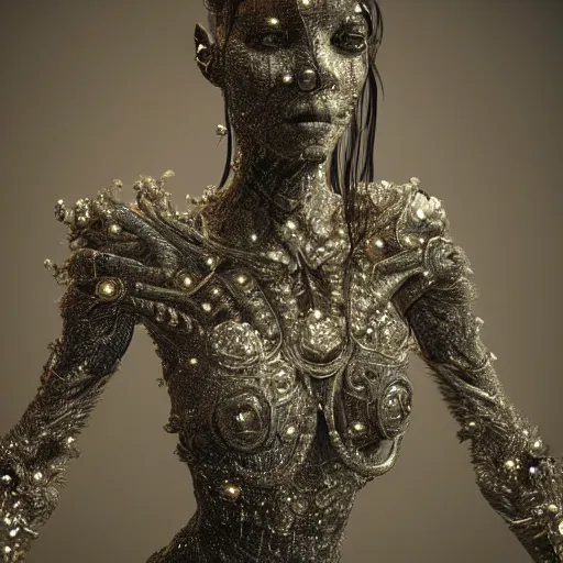 Image similar to full body detailed, ethereal, biomechanical, covered in diamonds and other gems glowing, highly detailed face, elegant posed, intricate, extremy detailed, beeple, cgsociety, 3 d unreal engine octane render. cinematic lighting, highly detailed 4 k art