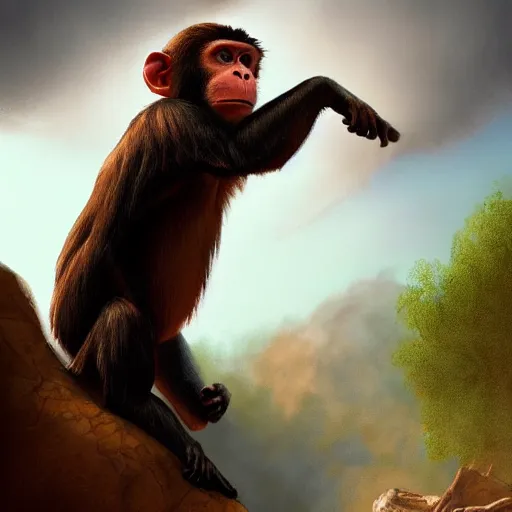 Image similar to a monkey throwing a bone to the air , dramatic lighting, cinematic, establishing shot, extremly high detail, photorealistic, cinematic lighting, artstation, style by James Gurney