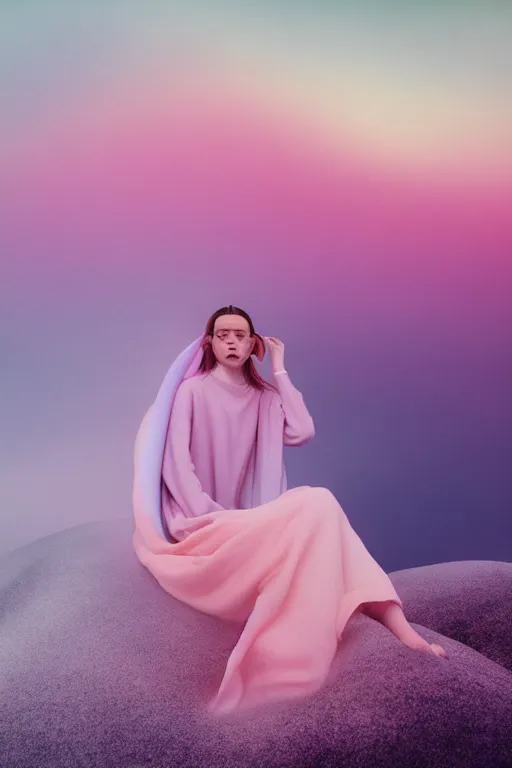 Image similar to high quality pastel coloured film close up wide angle photograph of a model wearing clothing resting on cloud furniture in a icelandic black rock!! environment in a partially haze filled dreamstate world. three point light, rainbow. photographic production. art directed. pastel colours. volumetric clouds. pastel gradient overlay. waves glitch artefacts. extreme facial clarity. 8 k. filmic.