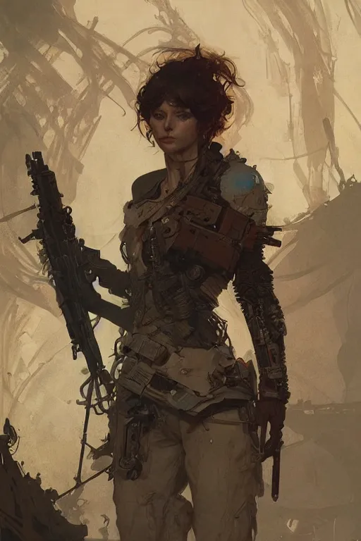 Prompt: A full portrait of a beautiful post apocalyptic offworld arms dealer, intricate, elegant, highly detailed, digital painting, artstation, concept art, smooth, sharp focus, illustration, art by Krenz Cushart and Artem Demura and alphonse mucha