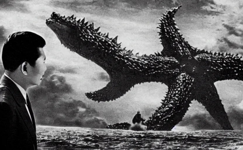 Image similar to a filmstill of Kim Jong-il and a giant starfish monster destroying Pyongyang, in Godzilla (1954) by Ishirō Honda, epic ultrawide shot, cinémascope