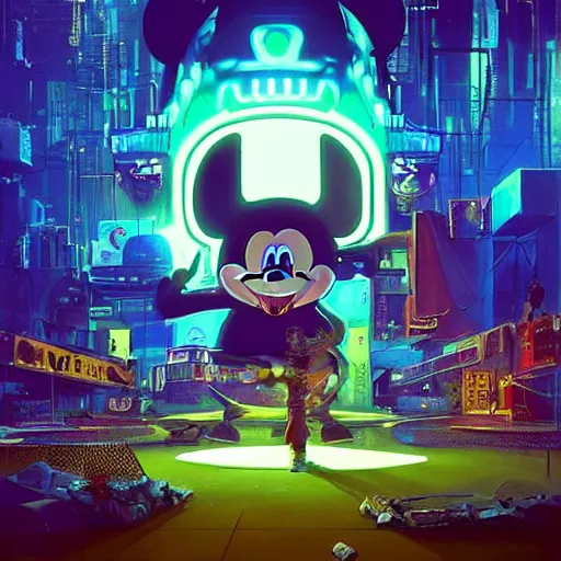 Image similar to a group of people standing around a giant one eyed mickey mouse, cyberpunk art by david lachapelle, cgsociety, sots art, dystopian art by industrial light and magic, concept art, neons, interior, in the style of beeple