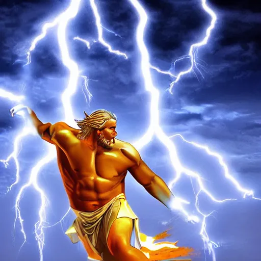 Prompt: Zeus ridding the lightning bolt, digital art, realism