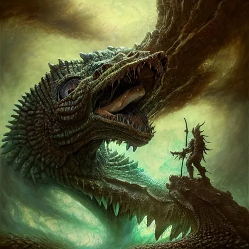 Prompt: a stunning detailed 3d matte portrait of a bulette with green stony carapace, male, standing in a maelstrom, by ellen jewett, by tomasz alen kopera, by Justin Gerard, ominous, magical realism, texture, gills, intricate, whirling smoke, alchemist bottles, radiant colors, fantasy, dungeons and dragons, dnd, volumetric lighting, high details