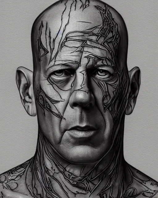 Image similar to face-centred portrait of Bruce Willis in lord of the rings movie , body covered in elfish tattoos , open magic book glowing, D&D, fantasy, highly detailed, digital art, fantasy illustration, trending on artstation, smooth, sharp focus, illustration, art by artgem and ROBERT HYNES