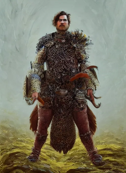 Image similar to joaquin phoenix with an armor made of animals, cow horns, pig nose, sheep wool, chicken feather armor, majestic, by anna podedworna, by miklos ligeti, by diego maricato, by taran fiddler, by antonino truisi, by chris reddie, by jinsung lim, trending on artstation