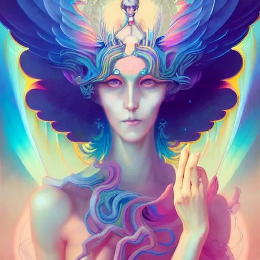 Image similar to psychedelic angelic celestial being artwork of peter mohrbacher, ilya kuvshinov ayahuasca, energy body, sacred geometry, esoteric art, rainbow colors, realist, abstract and surreal art styles with anime and cartoon influences divinity