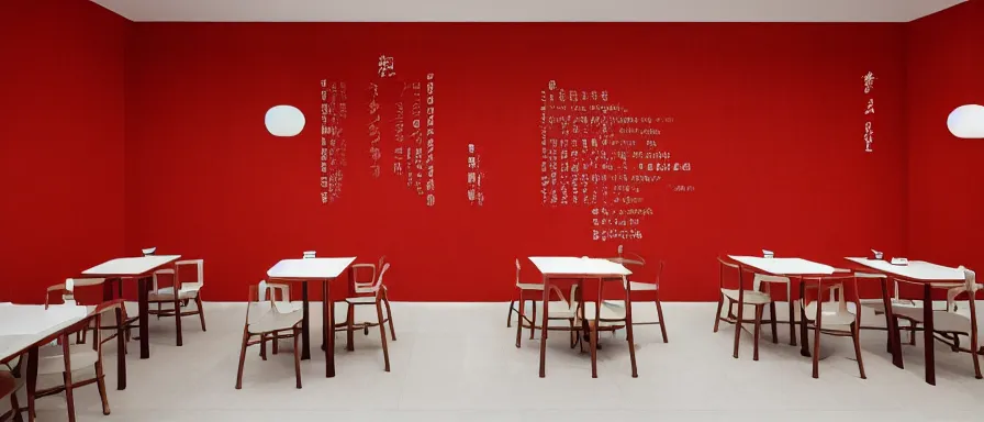 Image similar to a beautiful simple interior render of small roasted string hotpot restaurant restaurant yan'an, wall corner, from china, red paper wall and white tile floor, rectangle white porcelain table, fine simple delicate structure, chinese style, simple composition, simple style structure decoration design, victo ngai, 4 k hd