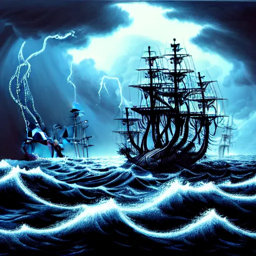 Image similar to a highly detailed hyperrealistic scene of a ship being attacked by giant squid tentacles, jellyfish, squid attack, dark, voluminous clouds, thunder, stormy seas, pirate ship, dark, high contrast