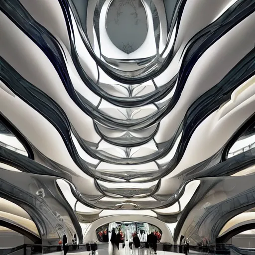 Image similar to extremely detailed ornate stunning beautiful elegant futuristic museum lobby interior by Zaha Hadid