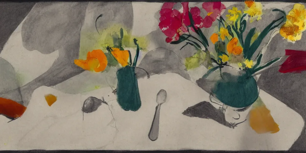 Image similar to flowers in jug, sketchbook, spoon. still life on a table in the style of ivon hitchens and ben nicholson. drawing on an oil painting, minimal, marks