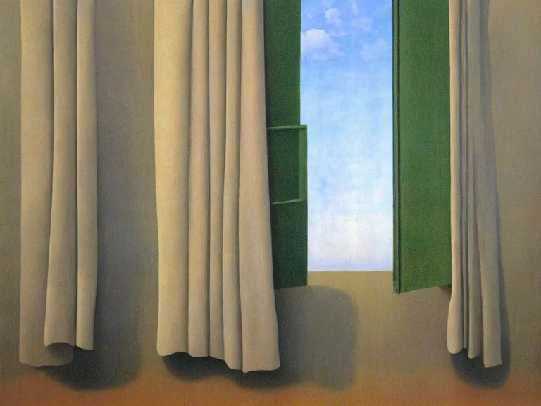 Prompt: curtains with clouds painted on them, painting by rene magritte, centered, high detail, high resolution