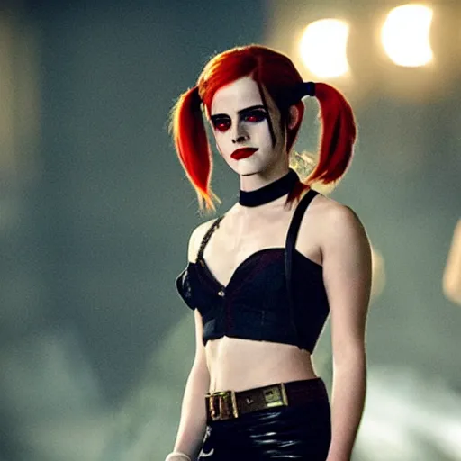 Image similar to Emma Watson as Harley Quinn, cinematic, Wide-shot, atmospheric lighting, directed by Quentin Tarantino, movie still