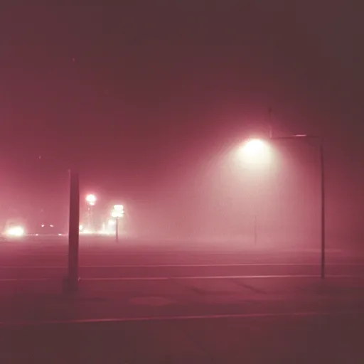 Prompt: taken using a film camera with 35mm expired film, bright camera flash enabled, cyberpunk city at night, slightly foggy, creepy, liminal space,