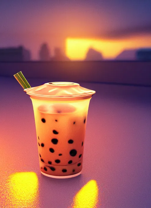 Prompt: bubble tea, product shot, macro, hyper realistic, sunset, octane render, raytracing, trending on artstation, artstationhd, artstationhq, unreal engine, 4 k, 8 k