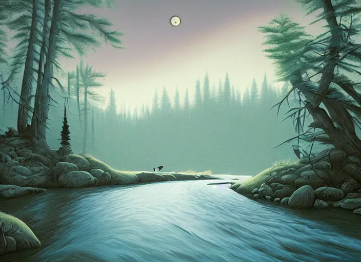 Image similar to matte sharp painting, a river running past a cozy cabin in the forest, juxtapoz, artforum, gary baseman, preston blair, tex avery, dan mumford, pedro correa