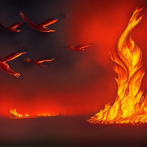 Image similar to in the lower part of the picture is the harp burning in the fire, above are cranes flying in flames, digital painting, concept art