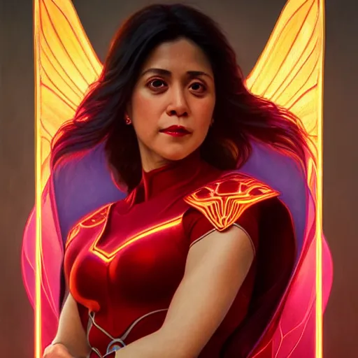 Image similar to leni robredo as darna, volumetric lights, red and cyan theme, art nouveau botanicals, intricate, highly detailed, digital painting, artstation, concept art, smooth, sharp focus, cinematic, illustration, beautiful face, art by artgerm and greg rutkowski and alphonse mucha