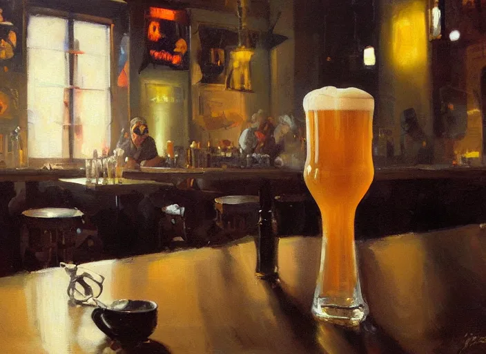 Prompt: greg manchess still life painting of a delicious mug of beer in an empty dieselpunk bar, organic painting, matte painting, bold shapes, hard edges, street art, trending on artstation, by huang guangjian and gil elvgren and sachin teng