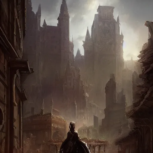 Image similar to portrair of a fantasy 1700 city ruined by war. fantastical setting, symmetric face, hyperrealism, epic fantasy digital art, fantasy style art, by Greg Rutkowski, fantasy magic the gathering card art style